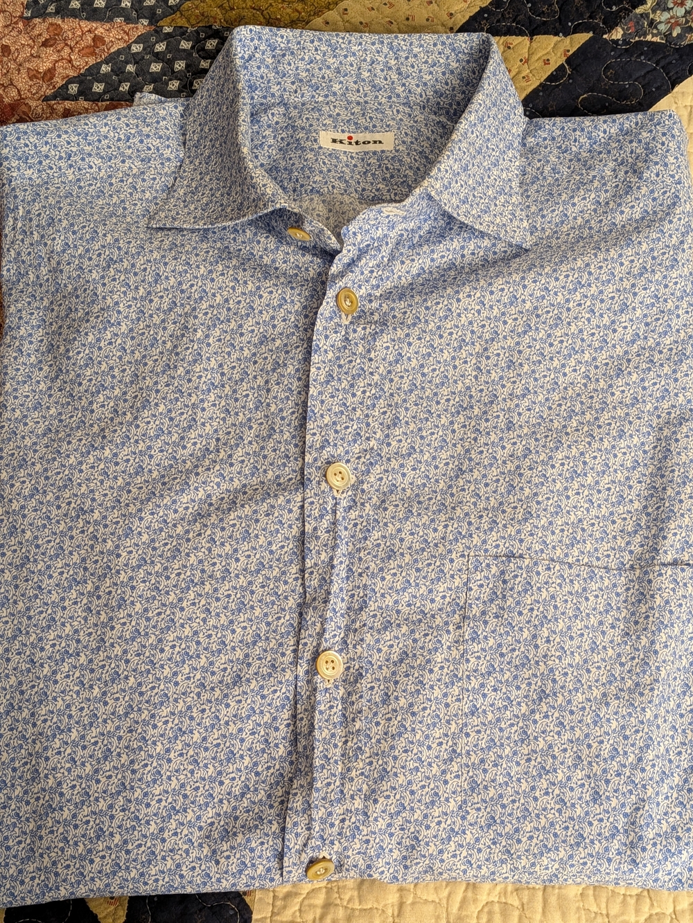 Kiton Men's Light Blue Micro Floral Button-Up Shirt Size Large